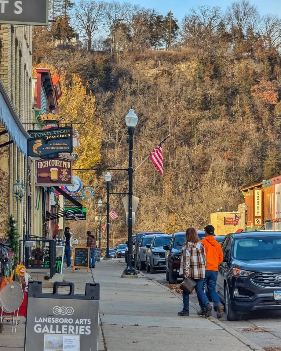 Downtown shopping and dining scene in Lanesboro, Minnesota